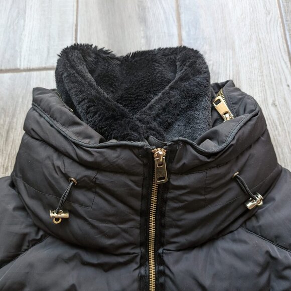 Zara Basic Black Puffer Jacket Faux Fur Lined Hood Women’s L Warm Winter Coat - Picture 6 of 8